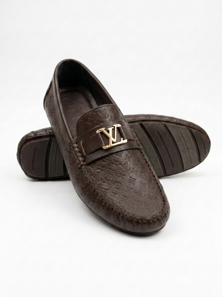 Crossstep Men’s Embossed Leather Loafer with Metal Buckle – Brown