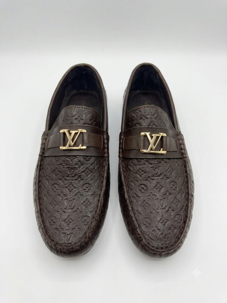 Crossstep Men’s Embossed Leather Loafer with Metal Buckle – Brown