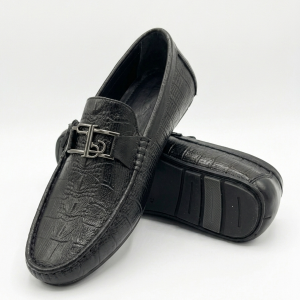 Crossstep Men's Croc-Embossed Leather Loafer with Metal Buckle – Black