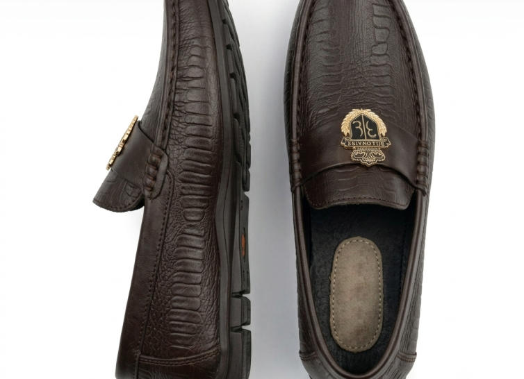 Crossstep Men’s Textured Leather Loafers with Gold Emblem Buckle