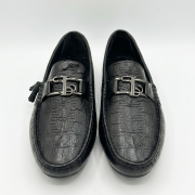Crossstep Men’s Croc-Embossed Leather Loafer with Metal Buckle – Black
