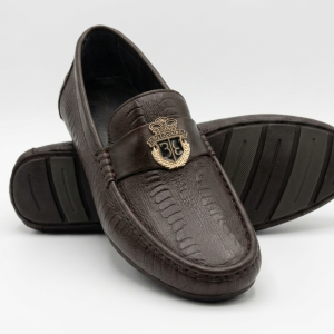 Crossstep Men's Textured Leather Loafers with Gold Emblem Buckle