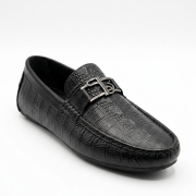 Crossstep Men’s Croc-Embossed Leather Loafer with Metal Buckle – Black
