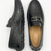 Crossstep Men’s Croc-Embossed Leather Loafer with Metal Buckle – Black