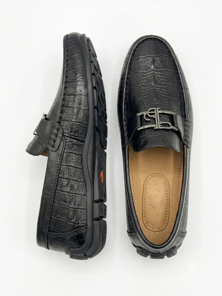 Crossstep Men’s Croc-Embossed Leather Loafer with Metal Buckle – Black