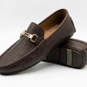 Crossstep Men’s Textured Leather Driving Loafer with Gold Horsebit Buckle – Brown