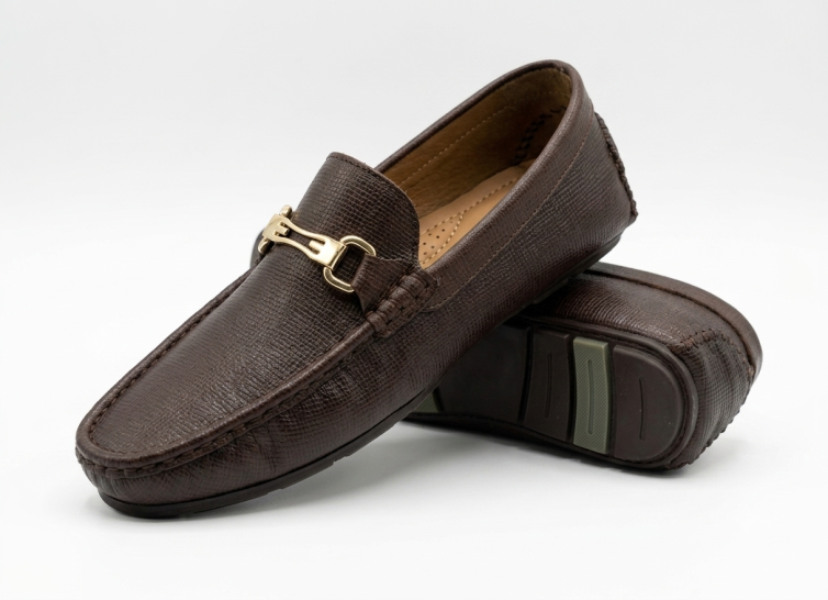 Crossstep Men’s Textured Leather Driving Loafer with Gold Horsebit Buckle – Brown