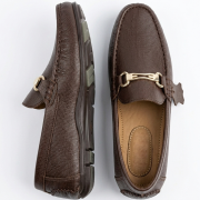 Crossstep Men’s Textured Leather Driving Loafer with Gold Horsebit Buckle – Brown