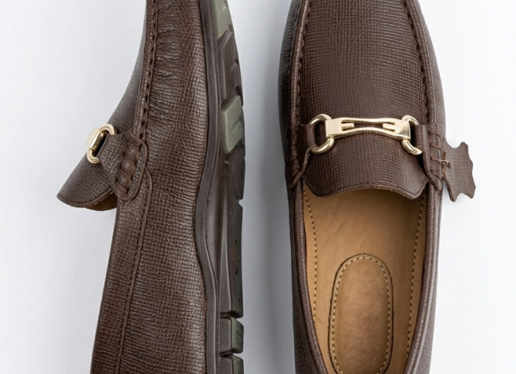 Crossstep Men’s Textured Leather Driving Loafer with Gold Horsebit Buckle – Brown