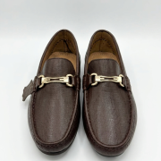 Crossstep Men’s Textured Leather Driving Loafer with Gold Horsebit Buckle – Brown