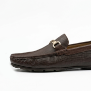 Crossstep Men’s Textured Leather Driving Loafer with Gold Horsebit Buckle – Brown